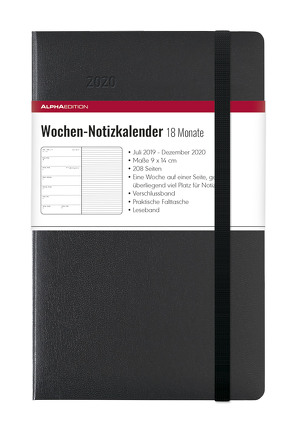 Wochen Notizkalender 18 Monate klein Black 2020 – Taschenplaner (9 x 14) – mit Verschlussband und Falttasche – Juli 2019 bis Dez 2020 – Weekly – 128 Seiten von ALPHA EDITION