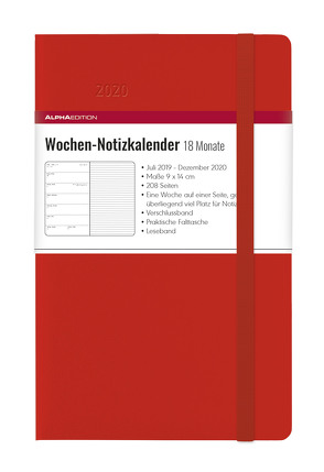 Wochen Notizkalender 18 Monate klein Red 2020 – Taschenplaner (9 x 14) – mit Verschlussband und Falttasche – Juli 2019 bis Dez 2020 – Weekly – 128 Seiten von ALPHA EDITION