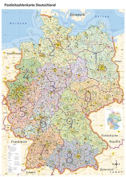 XL Postleitzahlenkarte Deutschland mit Laminierung (beschreibbar), 100 x 140 cm, Auflage 2019