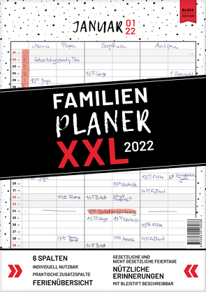 XXL Familienplaner 2022 zum Aufhängen in DIN A3. Hochwertiger und übersichtlicher Familienkalender 2022 mit 3 bis 6 Spalten, plus einer Zusatzspalte. Wandkalender inklusive gesetzlicher und nicht-gesetzlicher Feiertage, Ferien und Zusatzinfos. von Heisenberg,  Sophie